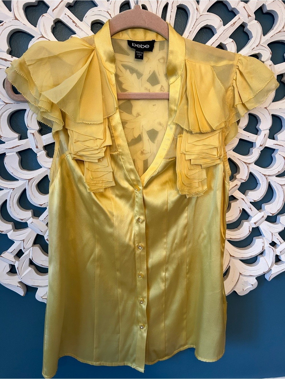 bebe Yellow 100% silk  Ruffle Sleeve Blouse